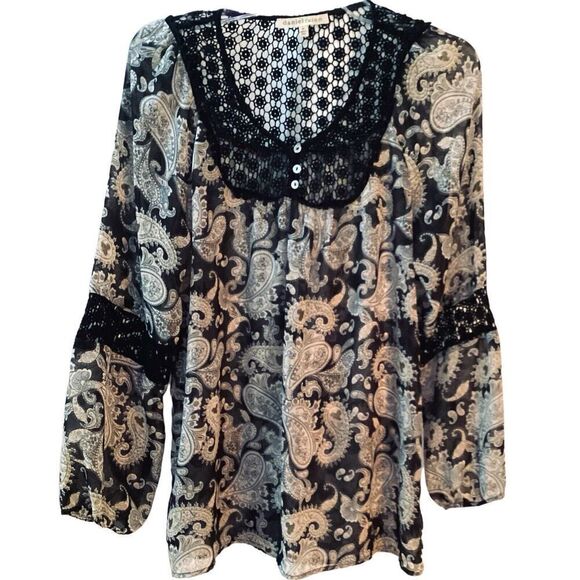 Daniel Rainn Women’s Sheer Long Sleeve Blouse Crocheted Paisley Size M - Picture 1 of 6
